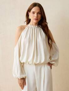 CielaLinda Áo kiểu nữ bằng vải lanh, cổ yếm, hở vai, tay dài, kiểu dáng thường ngày. - trắng - Xem 3
