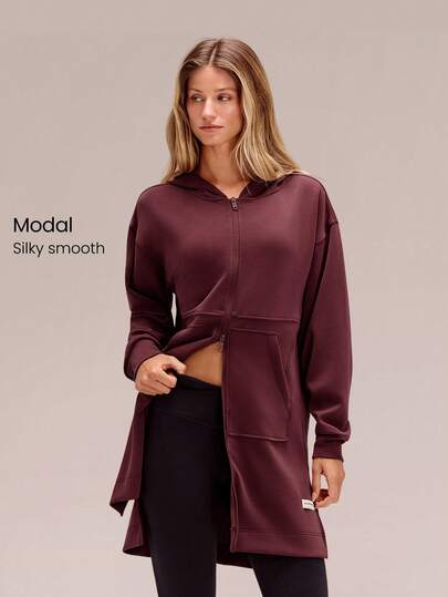 GLOWMODE Modest 1PC SoftCalm Modal Always Glowing Relaxed Fit Thigh Length Pocket Side Split Hem Hooded Long-Sleeve Daily Casual Wear