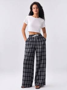 Loungeista Women's Plaid High Waist Drawstring Wide Leg Pants, Loose Fit, Suitable For Outdoor Wear, Spring/Summer/Autumn - Black and White - View 7