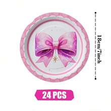 Pink Bow Disposable Plates, Napkins And Cups, Party Supplies Set, Serves 24 People, Disposable Paper Party Tableware, Suitable For Birthdays, Weddings, Themed Parties And Family Picnics. - View 6