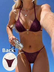 Swim Mod 2pcs Lace Halter Backless Sleeveless Sexy Bikini Set For Women, Summer - Purple - View 1