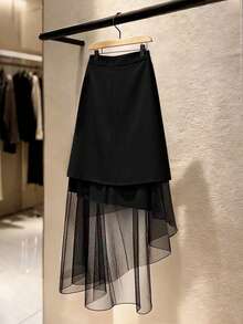 SHEIN Franclia 女士优雅浪漫黑色网纱拼接半身裙 - 黑色 - 查看 2