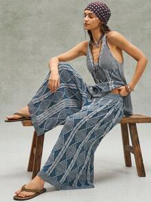 Bohemela Vintage Mixed Yarn Knitted Sweater & Pants Set - Blue and White - View 1