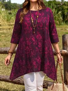 EMERY ROSE Plus Size Floral Print Casual Shirt With Pockets, Round Neck,Summer Vacation, Autumn,Fall - Red Violet - View 6