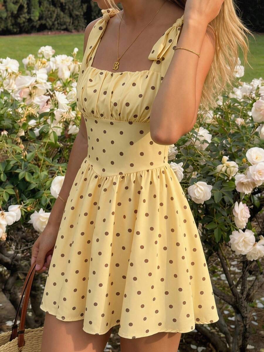 SHEIN EZwear Đầm ngắn dệt chấm bi vàng dành cho nữ - Màu vàng - Xem 1