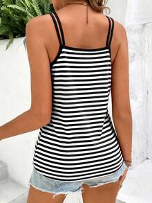 EMERY ROSE Black & White Striped Cutout Neck Camisole Top, Suitable For Vacation, Plus Size - Multicolor - View 2