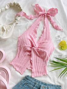 Soleia Fashionable Sexy Halter Tie Knot Hem Slit Open Back Camisole,Summer Top - Pink - View 5