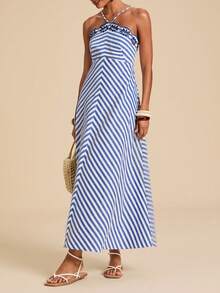 Travachic Embroidered Striped Casual Dress - Blue and White - View 5