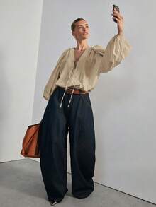 Hauture 女士蓬蓬长袖V领连体衣性感办公服 - 米色 - 查看 6
