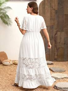 SHEIN Clasi Plus Size Elegant Lace Patchwork V-Neck Bohemian Style Dress - White - View 2