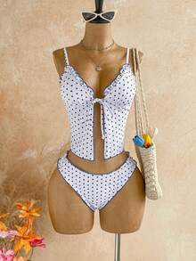 Soleia Bộ bikini tankini buộc dây phía trước, họa tiết chấm bi, dành cho nữ. - Đen và trắng - Xem 1