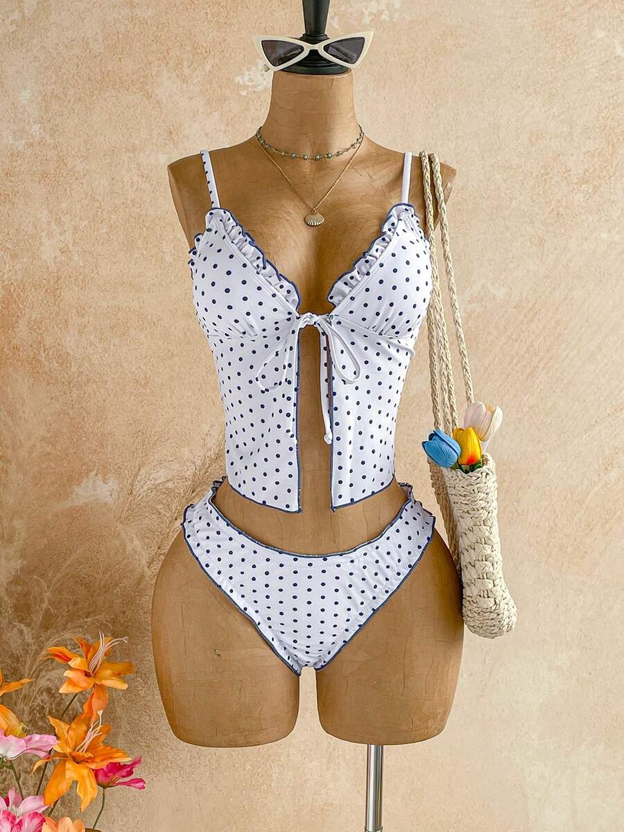 Soleia Bộ bikini tankini buộc dây phía trước, họa tiết chấm bi, dành cho nữ. - Đen và trắng - Xem 1
