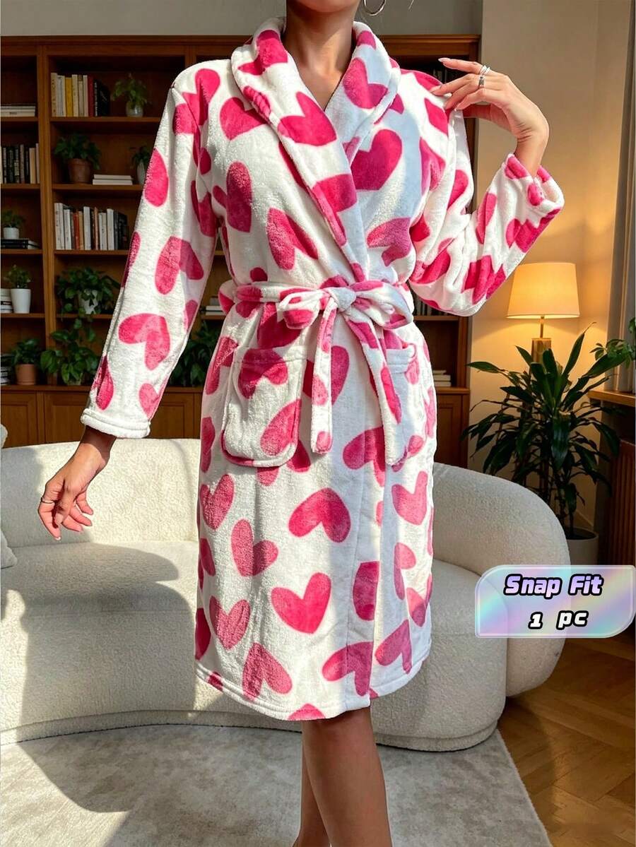 SHEIN 1 件女士浴袍,欧盟和美国简约风格长袖睡衣,粉色心形印花,秋季/春季,圣诞节,温暖法兰绒珊瑚绒,适合学生,韩式夏季,度假家居浴室装饰返校 - 白色 - 查看 1