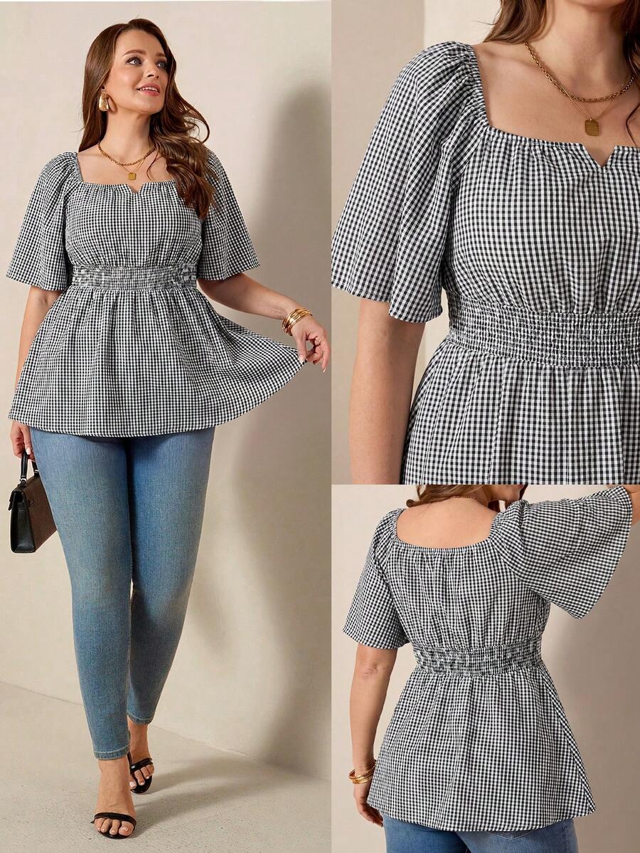 Comfylo Off-Shoulder Square Neck Flowy Hem Plus Size Blouse Formal Vacation Black And White Summer Casual - Black and White - View 1