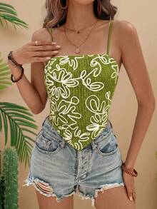 Travachic 女士苔绿色提花针织刺绣花卉短款吊带背心，度假风，情人节，女士度假装扮，女士夏季装扮，狂欢节，女士束身胸衣，婚礼上衣 - 綠色 - 查看 3