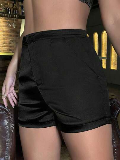 SHEIN SXY Quần short Chino đen thanh lịch có túi nút cỡ lớn dành cho nữ mùa thu