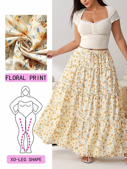 Solflare Yellow Ditsy Floral Elastic Waist Ruched Skirt, Suitable For Casual, Party, Commute, Wedding, Music Festival, Thanksgiving, Mother's Day, Back To School, Graduation, Beach Vacation, Streetwear, Loungewear, Sightseeing, Versatile Outer Or Inner Wear