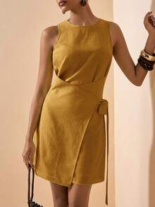 xheZivah Nuevo vestido mini de mujer de lino marrón de cuello redondo sin mangas con envoltorio para primavera/verano 2026. Adecuado para uso diario, vacaciones, estilo bohemio, playa, fiesta, invitado de boda, atuendo de aeropuerto, brunch, viajes, vacaciones, té de la tarde y compras.xhe - Mostaza Amarilla - Ver 7