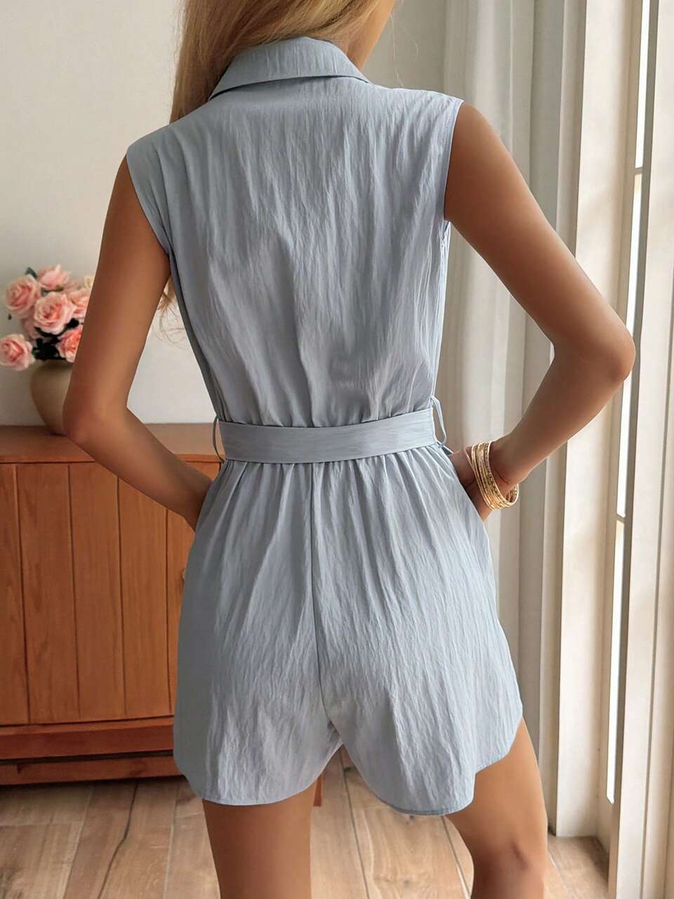 Spring Summer Light Blue Lapel Large Pocket Cinched Waist Loose Shorts Jumpsuit For Women Vacation Casual Rompers Brunch