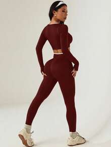 Dewbera Dewbera 2pcs/Set Women Seamless Contrast Color Sports Set - Burgundy - View 2