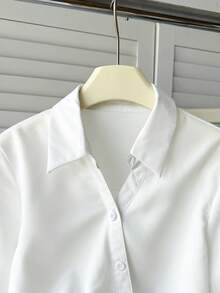 SHEIN Kids Tween Girls' Elegant All White Winter Casual Graduation Back-To-School Lapel Button Front Asymmetric Hem Ruched Blouse Top Fitted Shirt - White - View 5