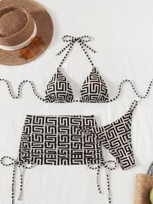 Swim SXY Spring Break Women's Summer Beach 3-Piece Set, Geometric Print Triangle Halter Bikini And Beach Skirt, Festival Boho - Multicolor - View 4