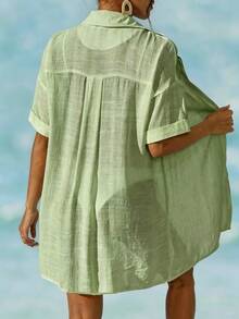 Swim Vcay Women's Simple Solid Color Front Button Short Sleeve Kimono Cover Up, Suitable For Summer Vacation - Olive Green - View 2