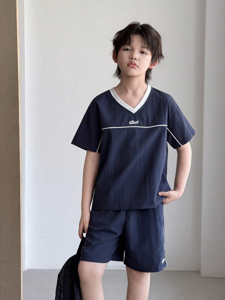 V-Neck Loose Contrast Color Short Sleeve Top & Shorts Set, Twee Boys Shirt Set