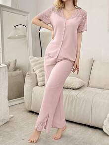 SHEIN Lace Patchwork Sheer Shoulder Cardigan Short Sleeve Pajama Set For Women - Pink - View 5