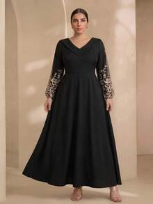Graceveil Elegant Solid Color Patchwork Mesh Embroidered Off-Shoulder Long Sleeve Cinched Waist A-Line Plus Size Dress, Spring/Autumn Black - View 6
