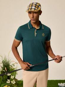 Tonviero Camisa Polo De Manga Corta Para Hombre Con Letra Impresa De Bloque De Color - Verde Oscuro - Ver 3