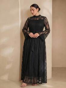 Graceveil Đầm dáng chữ A size lớn màu trơn thanh lịch, tay dài ren, eo chiết, phù hợp cho mùa xuân và mùa hè, màu đen - màu đen - Xem 1