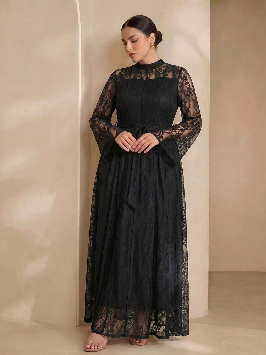 Graceveil Đầm dáng chữ A size lớn màu trơn thanh lịch, tay dài ren, eo chiết, phù hợp cho mùa xuân và mùa hè, màu đen - màu đen - Xem 1