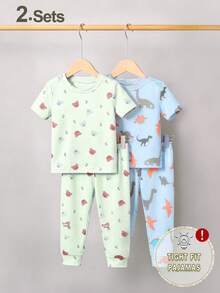 4件套/套 贴身款幼儿男童恐龙字母印花短袖睡衣套装，舒适柔软面料，休闲可爱又时尚，适合热爱恐龙的小男孩 - 彩色 - 查看 4