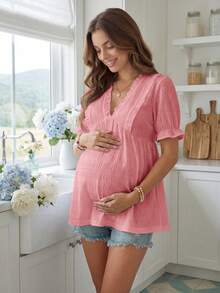 SHEIN Maternity Solid Color Ruffle V-Neck Short Sleeve Casual Shirt - Pink - View 2