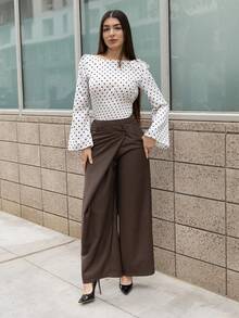 Andrea Bello 女士不对称休闲阔腿裤女士时尚办公室通勤百搭高腰高端不对称阔腿西装裤 - 棕色 - 查看 1
