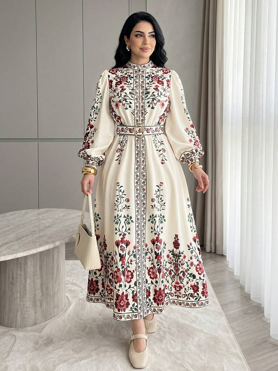 Solavon 大码女式花卉印花灯笼袖纽扣设计优雅连衣裙
