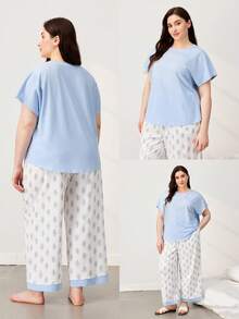 LUVLETTE Plus Size Natural Women's Cute Casual Light Blue Top & Patterned TrousersStyle Set Adorable Comfortable Lounge Wear Graphic - Blue - View 4