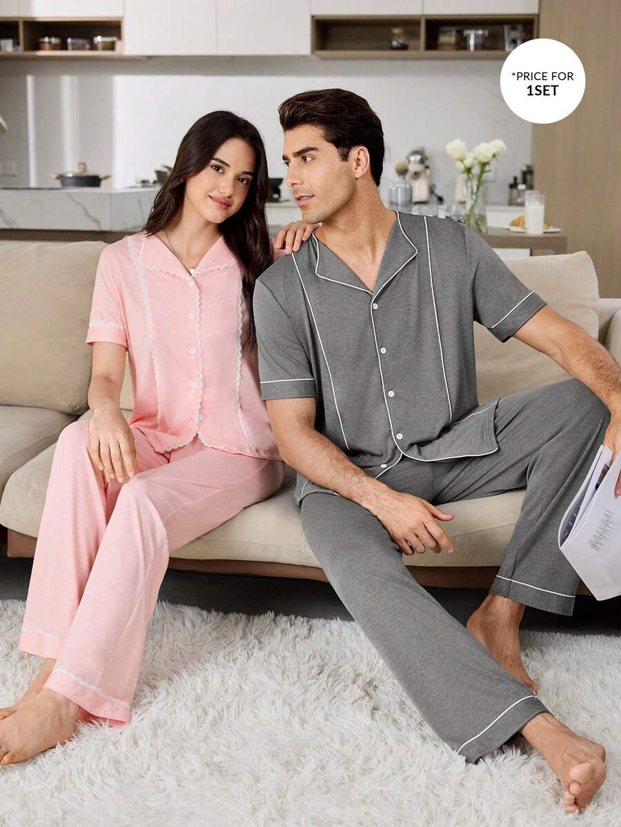 CoupledUp Conjunto de pijama de pantalón y manga corta con ribete de color contrastante, de estilo minimalista y moderno para hombre - Gris Oscuro - Ver 1