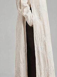 Ontre Beige,Summer,Elegant,Vacation, Al-Adha Women's Long Sleeve Blouse,Textured Fabric Button Closure Loose Fit Side Slit Long Shirt,Minimalist Fashion - Beige - View 6