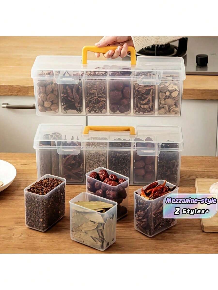 7-Piece Set (1 Large Box, 6 Small Boxes) With Lids, Layered Design, Airtight And Gas-Proof PP Food Storage Containers, Detachable Spice Jars, Suitable For Seasonings, Spices, Condiments, Multifunctional, Kitchen Storage, Food Storage, Perfect For Home Kitchens, Holiday Gatherings, Outdoor Camping - Tabletop Spice Jars - Yellow - View 1
