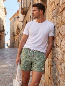 Manfinity Swimmode Men's Summer Vacation All-Over Print Drawstring Waist Breathable Beach Shorts,Green Patterned Swim Trunks Holiday Swimwear - Army Green - View 4