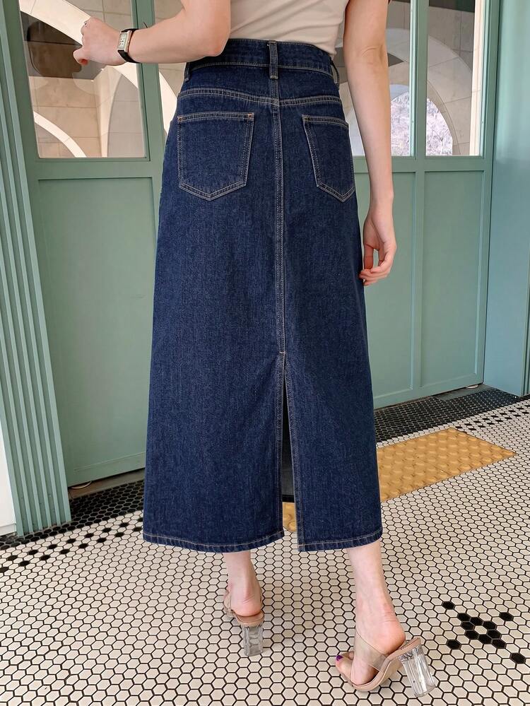 Solid Color Slit Denim Skirt For Women