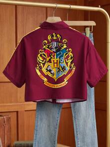 HARRY POTTER X SHEIN Women's Casual Letter Graphic Contrast Color Front Button Short Sleeve Shirt, Summer - Red - View 2