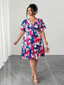 SHEIN CURVE+ Plus Size Women's Vacation Beach Outfits: Doll Dresses. - Multicolor - View 3