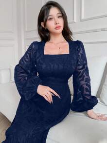 Feyla 女款方領優雅收腰長款派對洋裝 - 藏蓝色 - 查看 3