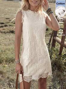 Wildy BOHO Casual Western Country Music Festival Lace Women's Summer Daily Basic Outfit Short Dress For Outing And Commuting - Apricot - View 1