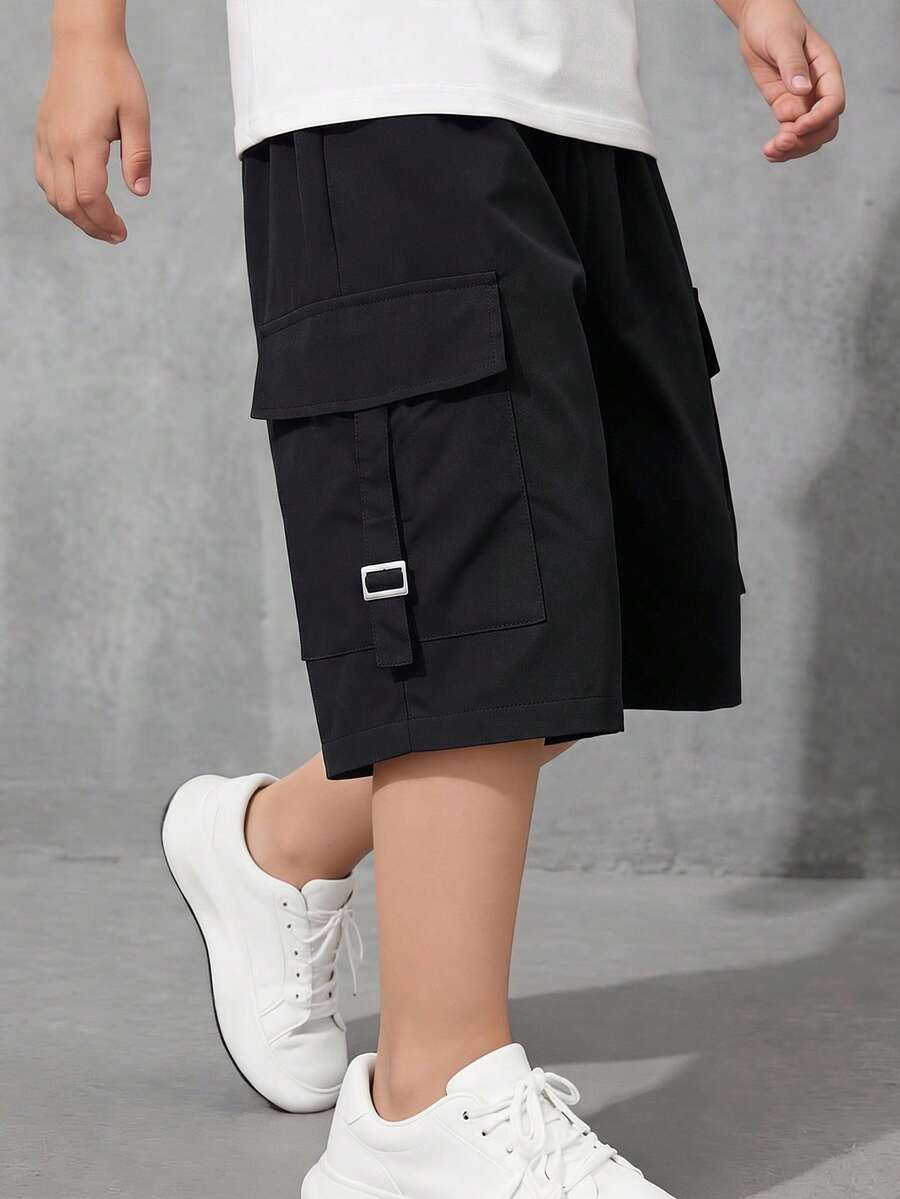 SHEIN 1件兒童/青少年男孩休閒舒適寬鬆純黑色梭織短褲，附口袋，適合夏季度假出遊、返校、婚禮、派對、運動