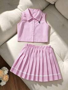 Sparklyn Tween Girl Striped Print Sleeveless Shirt Paired With Plaid Pleated Skirt - Pink - View 1