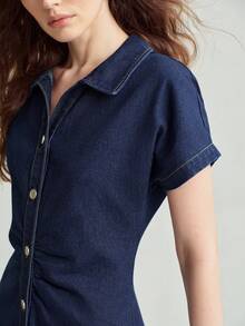 MOTF PREMIUM GAUN DENIM PANJANG PAS BADAN LENGAN SAYAP KELELAWAR UNTUK WANITA MUSIM SEMI/PANAS - Navy Blue - View 2